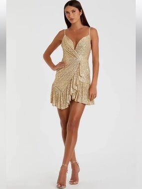 Mac Duggal SEQUINED FAUX WRAP RUFFLED HEM MINI DRESS CHAMPAGNE SIZE 4 nwt